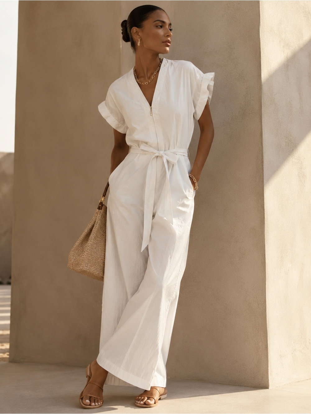 3.1 Phillip Lim White Linen-Blend Wide-Leg Jumpsuit with Tie Waist